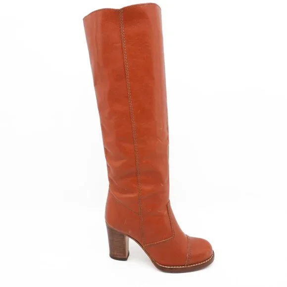 Vintage 70s Campus Leather Knee-high Gogo Boots Heeled Brown Boots Size 5 1/2
